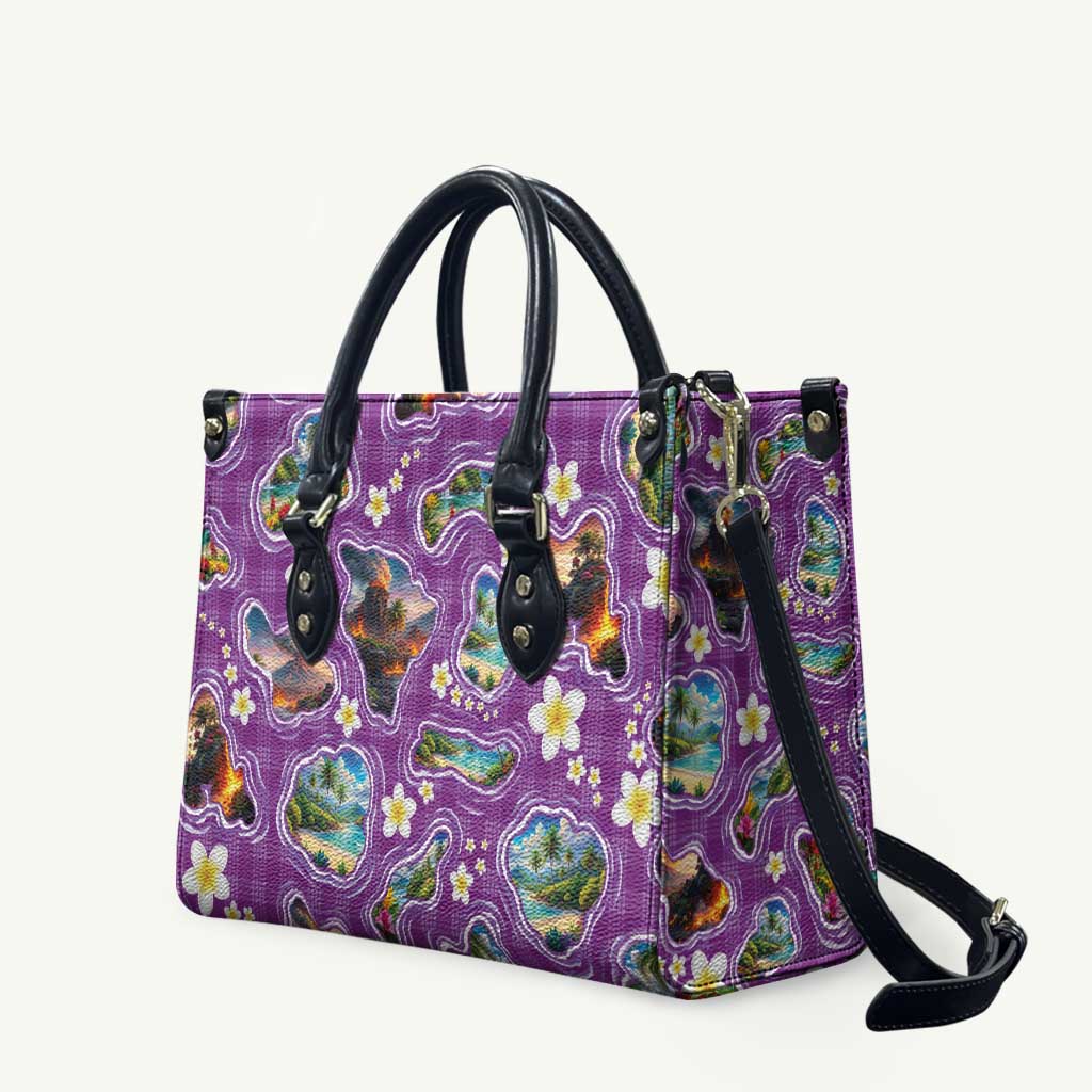 Hawaiian Island Shapes-Iconic Landscape Leather Bag with Plumeria and Palaka Purple Color
