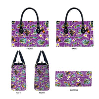 Hawaiian Island Shapes-Iconic Landscape Leather Bag with Plumeria and Palaka Purple Color