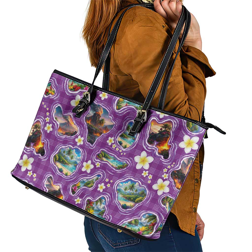 Hawaiian Island Shapes-Iconic Landscape Leather Tote Bag with Plumeria and Palaka Purple Color