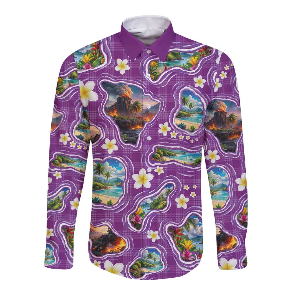 Hawaiian Island Shapes-Iconic Landscape Long Sleeve Button Shirt with Plumeria and Palaka Purple Color LT03 Unisex Purple - Polynesian Pride