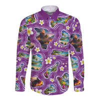 Hawaiian Island Shapes-Iconic Landscape Long Sleeve Button Shirt with Plumeria and Palaka Purple Color LT03 Unisex Purple - Polynesian Pride