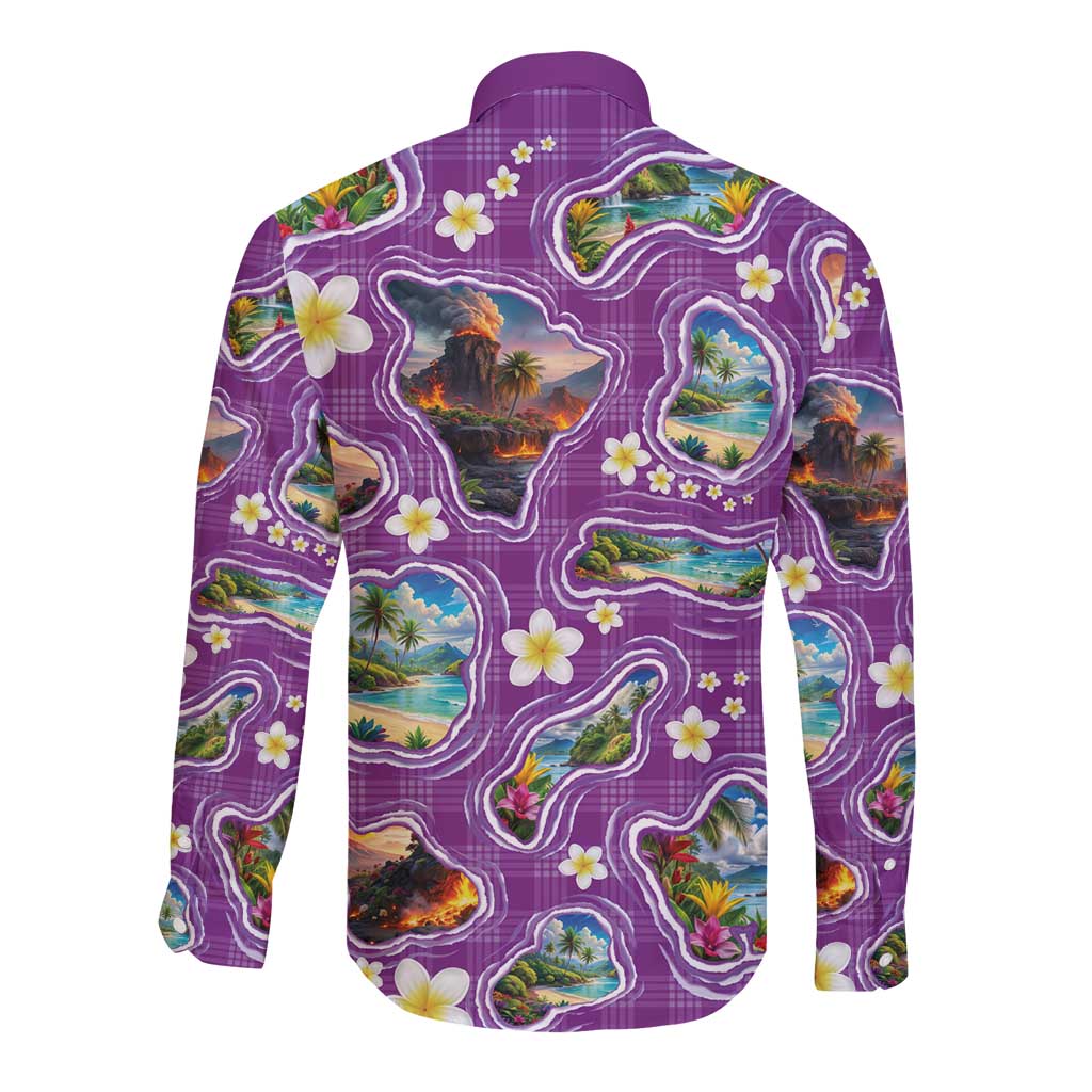 Hawaiian Island Shapes-Iconic Landscape Long Sleeve Button Shirt with Plumeria and Palaka Purple Color LT03 - Polynesian Pride