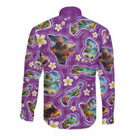 Hawaiian Island Shapes-Iconic Landscape Long Sleeve Button Shirt with Plumeria and Palaka Purple Color LT03 - Polynesian Pride