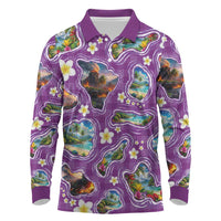 Hawaiian Island Shapes-Iconic Landscape Long Sleeve Polo Shirt with Plumeria and Palaka Purple Color LT03 Purple - Polynesian Pride