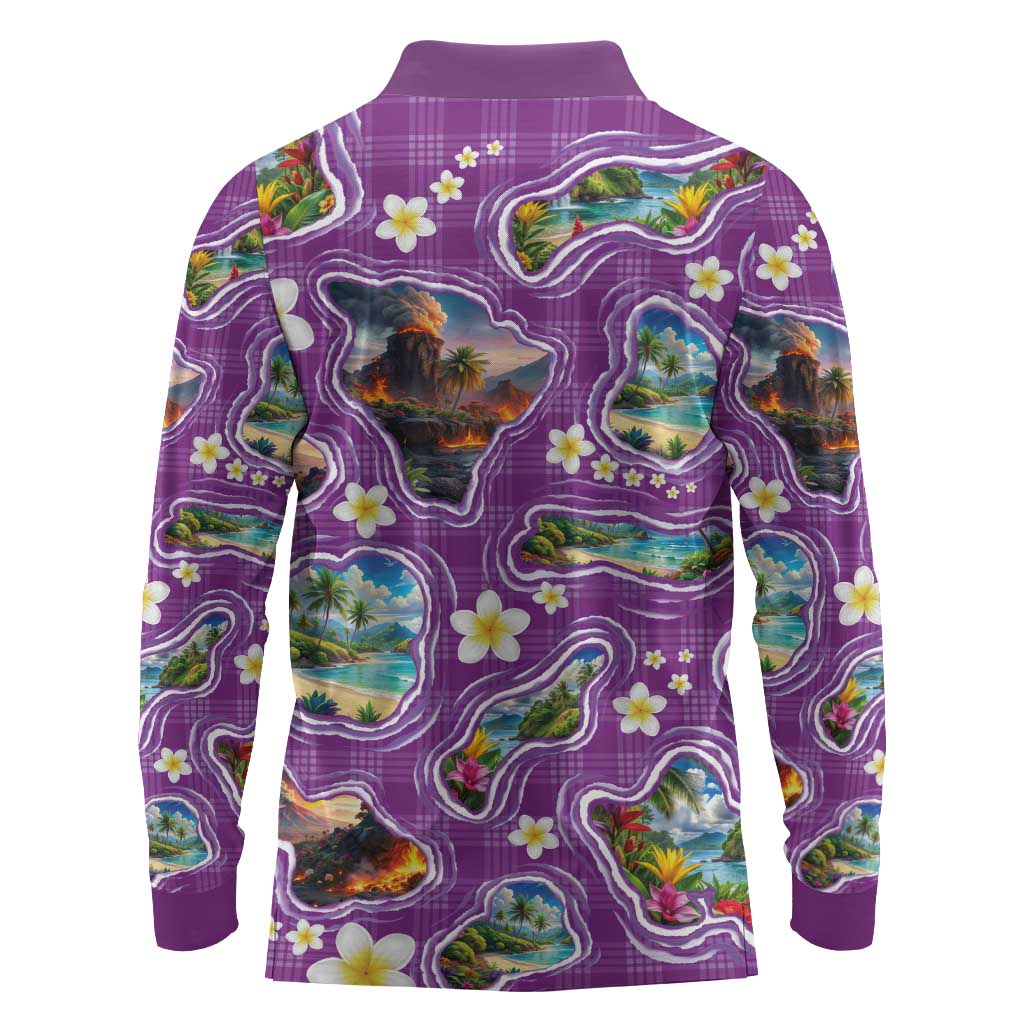 Hawaiian Island Shapes-Iconic Landscape Long Sleeve Polo Shirt with Plumeria and Palaka Purple Color LT03 - Polynesian Pride
