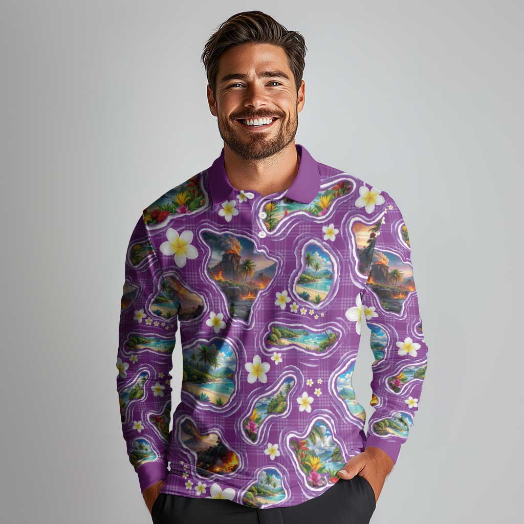 Hawaiian Island Shapes-Iconic Landscape Long Sleeve Polo Shirt with Plumeria and Palaka Purple Color LT03 - Polynesian Pride
