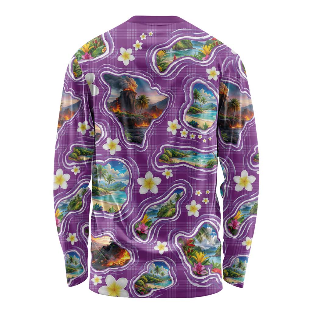 Hawaiian Island Shapes-Iconic Landscape Long Sleeve Shirt with Plumeria and Palaka Purple Color LT03 - Polynesian Pride