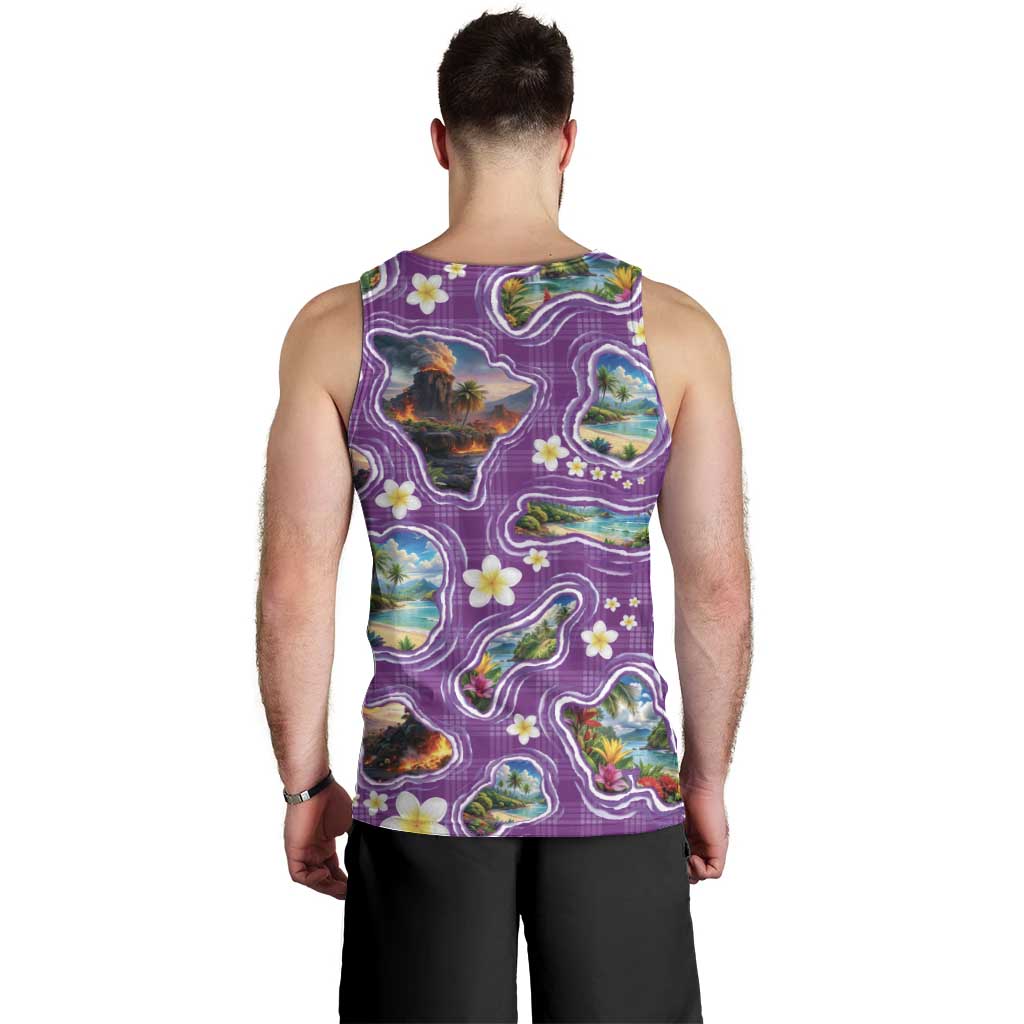 Hawaiian Island Shapes-Iconic Landscape Men Tank Top with Plumeria and Palaka Purple Color