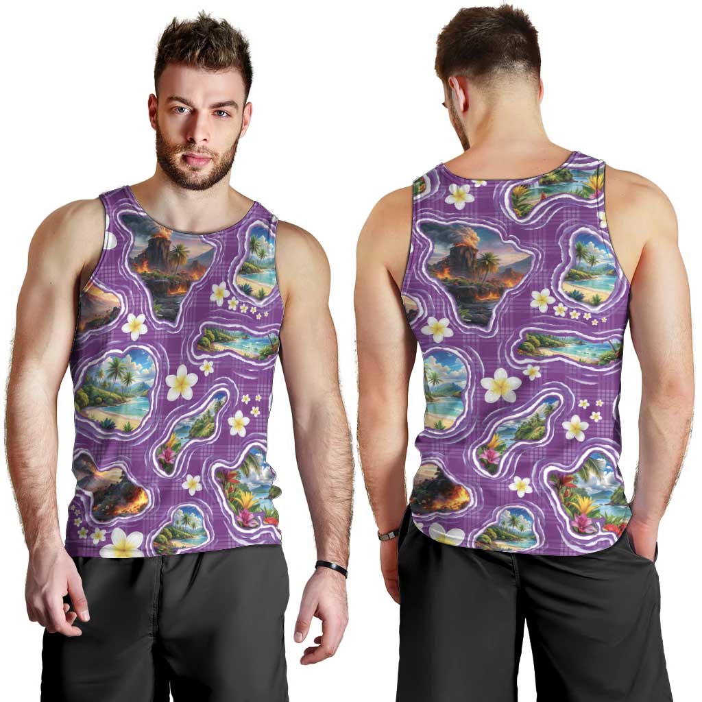Hawaiian Island Shapes-Iconic Landscape Men Tank Top with Plumeria and Palaka Purple Color