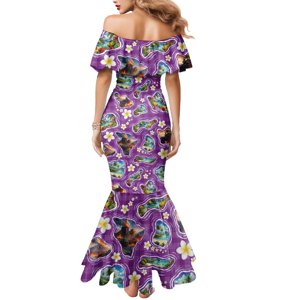 Hawaiian Island Shapes-Iconic Landscape Mermaid Dress with Plumeria and Palaka Purple Color LT03 - Polynesian Pride