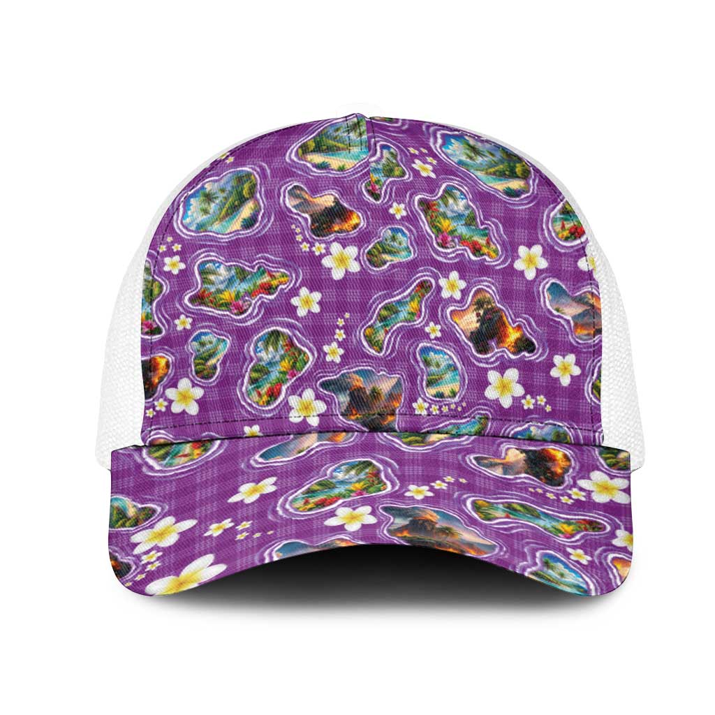 Hawaiian Island Shapes-Iconic Landscape Mesh Trucker Cap with Plumeria and Palaka Purple Color