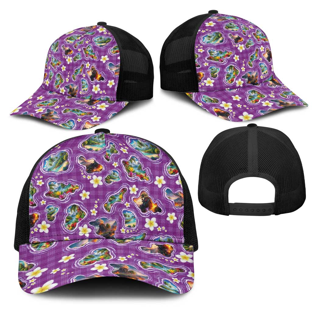 Hawaiian Island Shapes-Iconic Landscape Mesh Trucker Cap with Plumeria and Palaka Purple Color