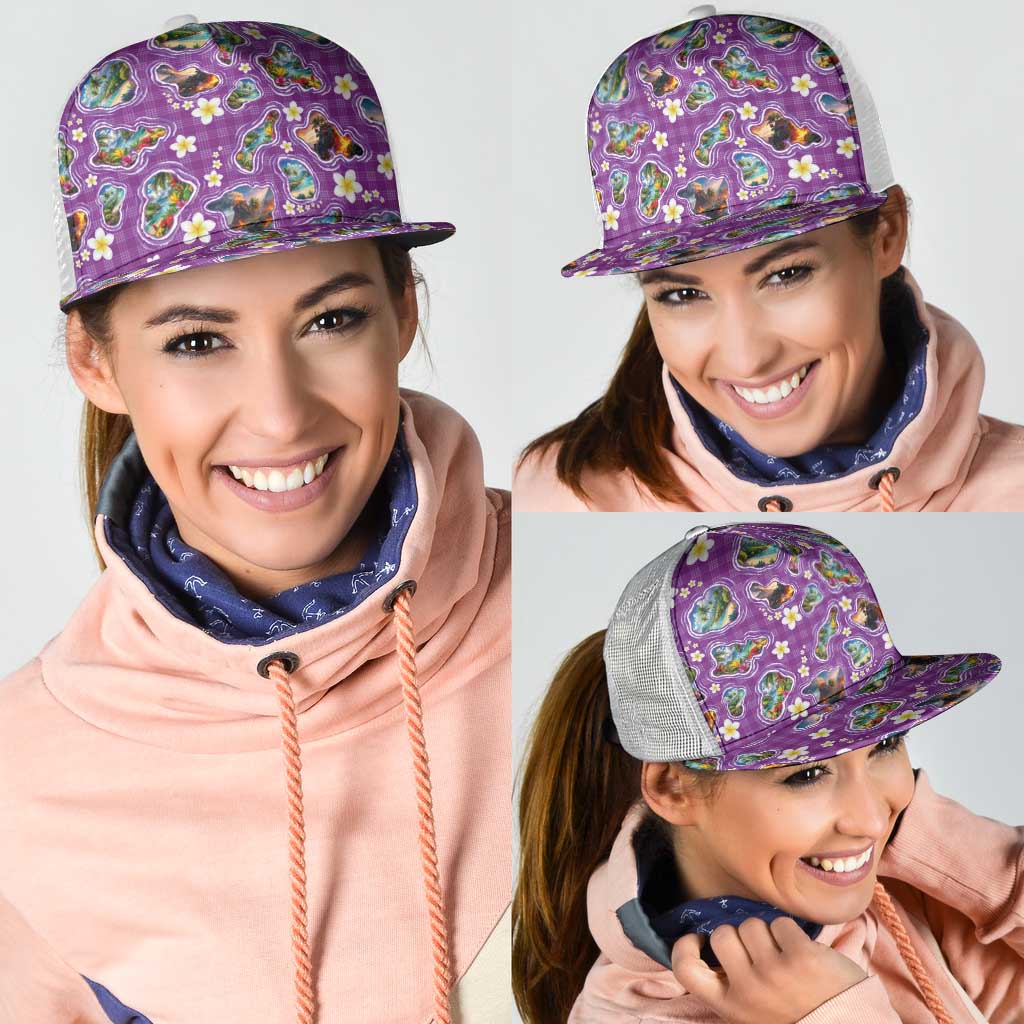 Hawaiian Island Shapes-Iconic Landscape Mesh Trucker Cap with Plumeria and Palaka Purple Color