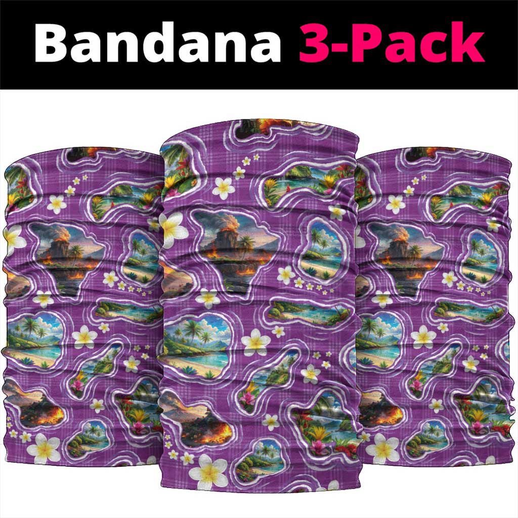 Hawaiian Island Shapes-Iconic Landscape Neck Gaiter with Plumeria and Palaka Purple Color