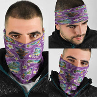 Hawaiian Island Shapes-Iconic Landscape Neck Gaiter with Plumeria and Palaka Purple Color