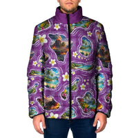 Hawaiian Island Shapes-Iconic Landscape Padded Jacket with Plumeria and Palaka Purple Color
