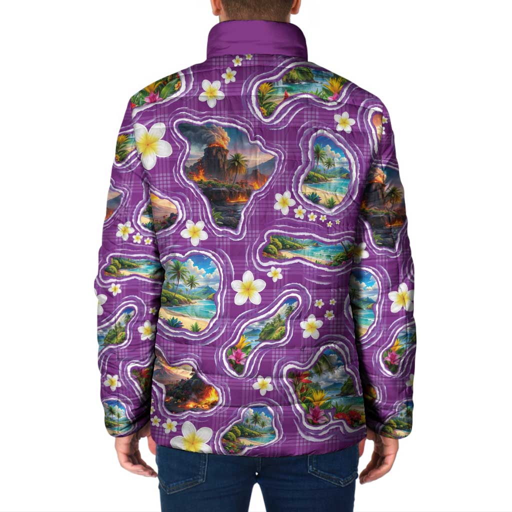 Hawaiian Island Shapes-Iconic Landscape Padded Jacket with Plumeria and Palaka Purple Color