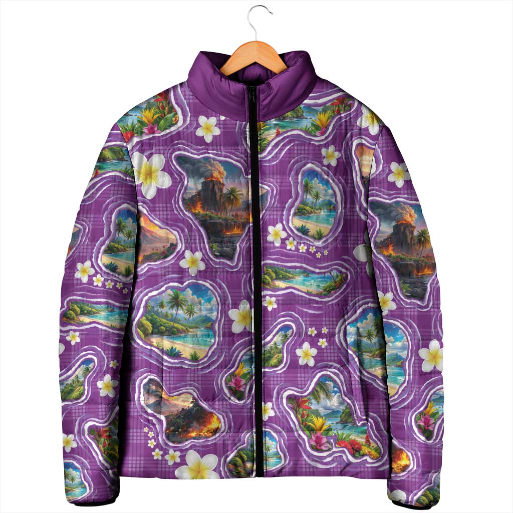 Hawaiian Island Shapes-Iconic Landscape Padded Jacket with Plumeria and Palaka Purple Color