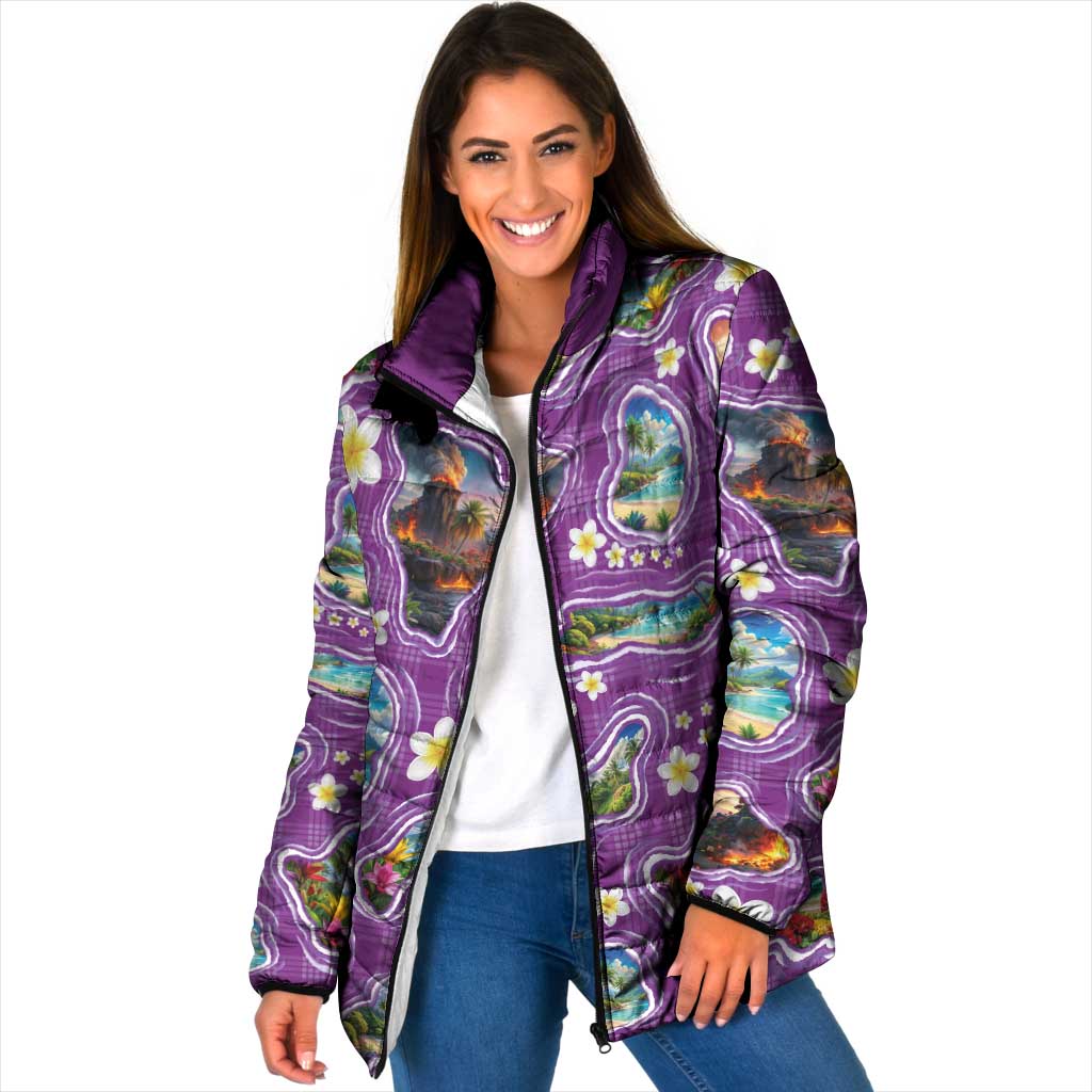 Hawaiian Island Shapes-Iconic Landscape Padded Jacket with Plumeria and Palaka Purple Color