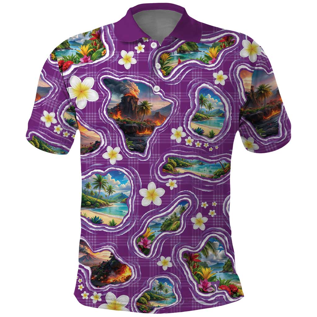 Hawaiian Island Shapes-Iconic Landscape Polo Shirt with Plumeria and Palaka Purple Color