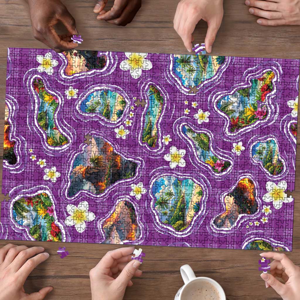 Hawaiian Island Shapes-Iconic Landscape Puzzle with Plumeria and Palaka Purple Color