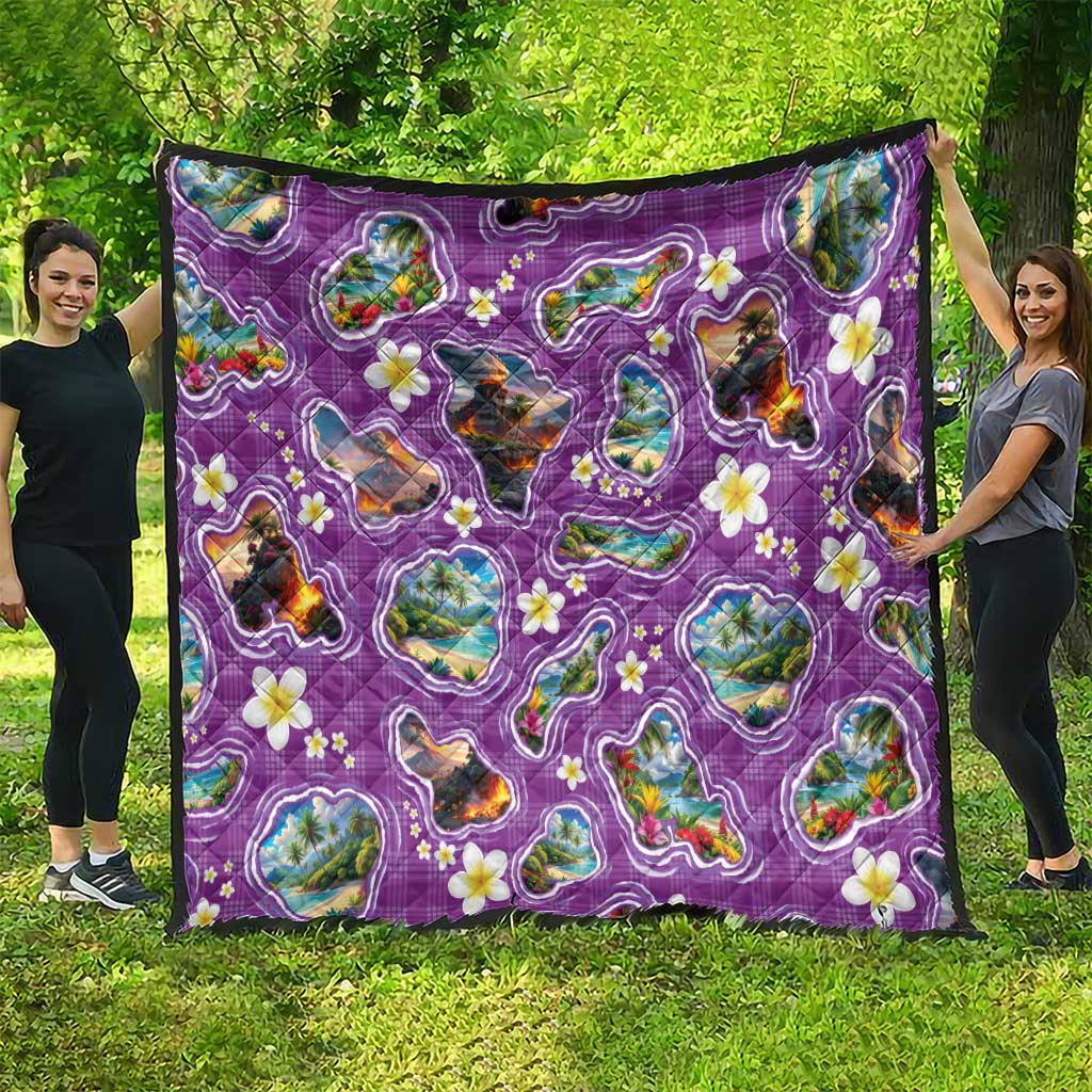 Hawaiian Island Shapes-Iconic Landscape Quilt with Plumeria and Palaka Purple Color LT03 - Polynesian Pride