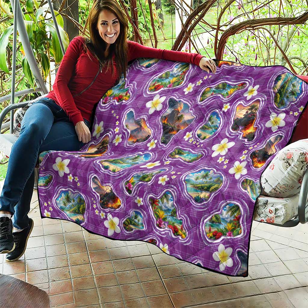 Hawaiian Island Shapes-Iconic Landscape Quilt with Plumeria and Palaka Purple Color LT03 - Polynesian Pride