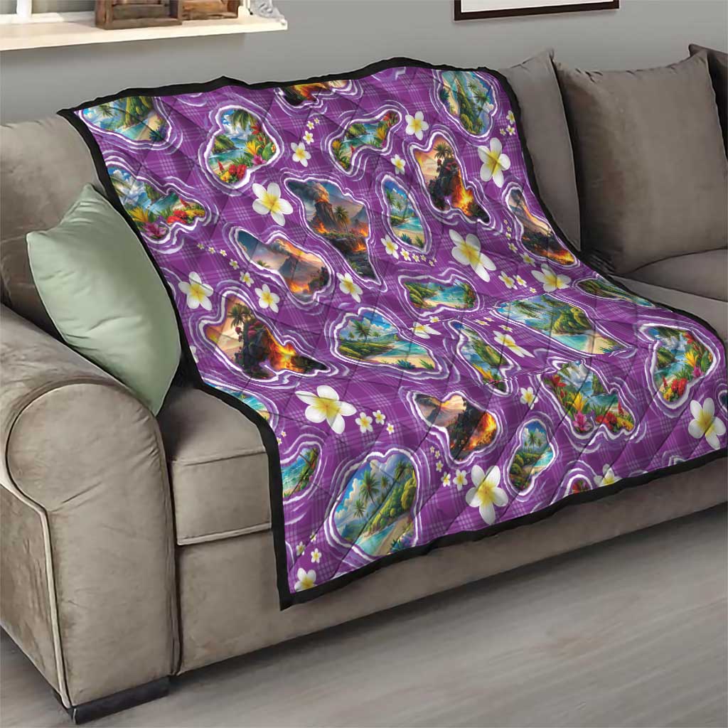 Hawaiian Island Shapes-Iconic Landscape Quilt with Plumeria and Palaka Purple Color LT03 - Polynesian Pride