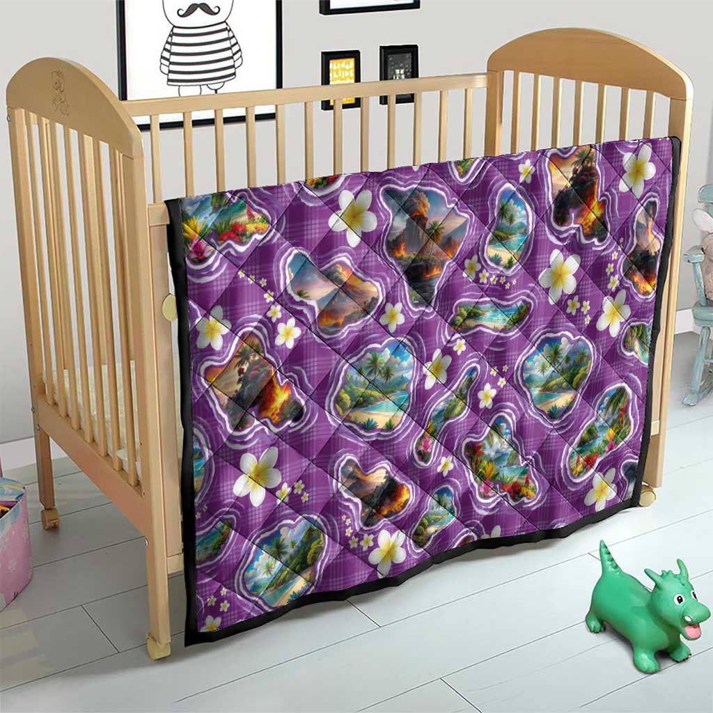Hawaiian Island Shapes-Iconic Landscape Quilt with Plumeria and Palaka Purple Color LT03 - Polynesian Pride