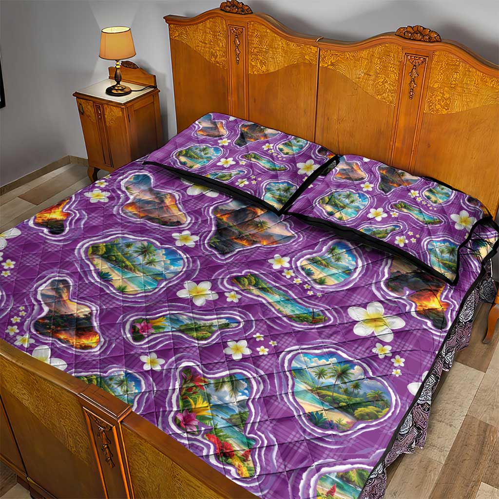 Hawaiian Island Shapes-Iconic Landscape Quilt Bed Set with Plumeria and Palaka Purple Color