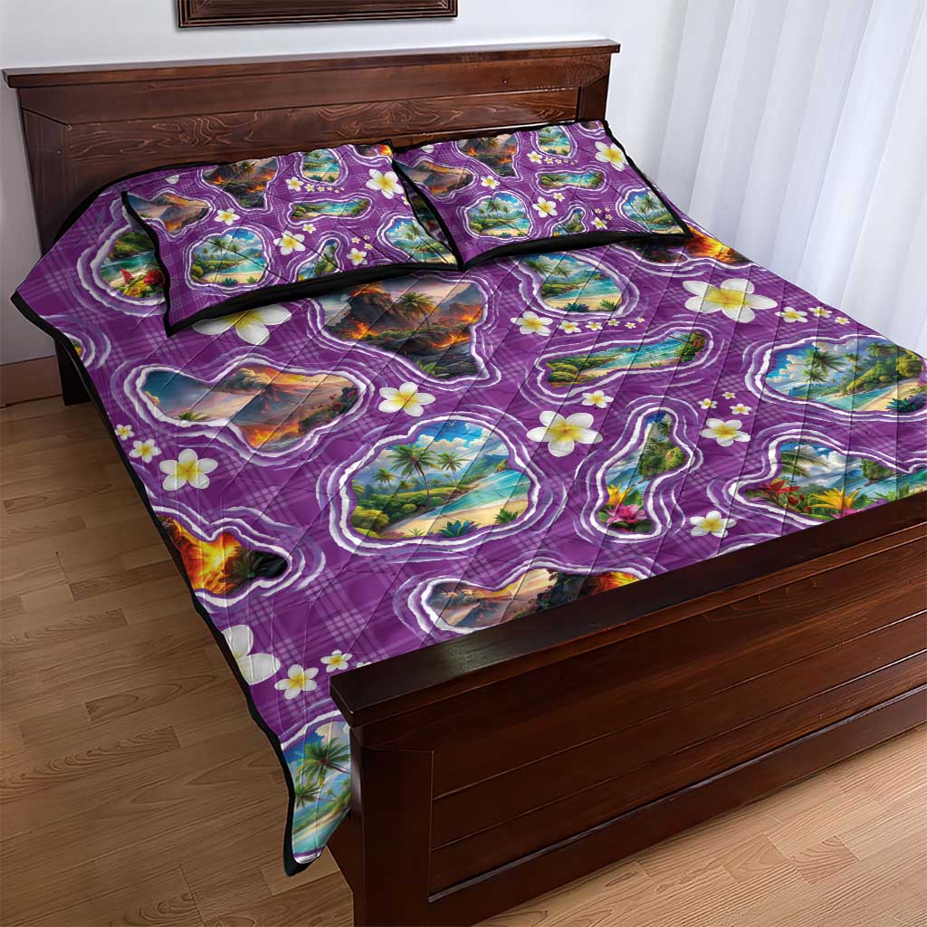 Hawaiian Island Shapes-Iconic Landscape Quilt Bed Set with Plumeria and Palaka Purple Color