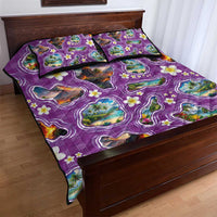 Hawaiian Island Shapes-Iconic Landscape Quilt Bed Set with Plumeria and Palaka Purple Color