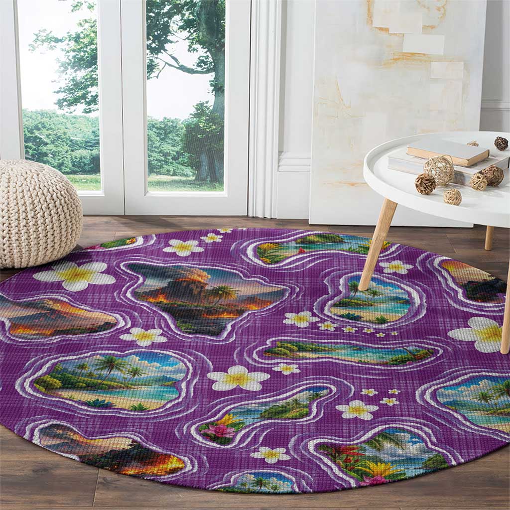 Hawaiian Island Shapes-Iconic Landscape Round Carpet with Plumeria and Palaka Purple Color LT03 - Polynesian Pride