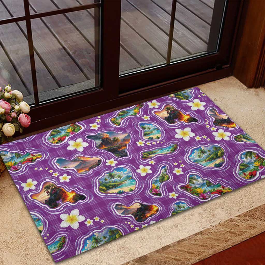 Hawaiian Island Shapes-Iconic Landscape Rubber Doormat with Plumeria and Palaka Purple Color