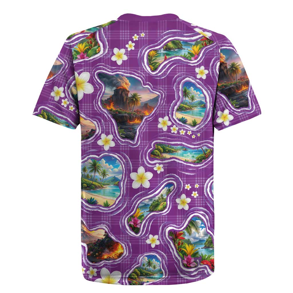 Hawaiian Island Shapes-Iconic Landscape Rugby Jersey with Plumeria and Palaka Purple Color
