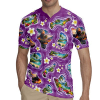 Hawaiian Island Shapes-Iconic Landscape Rugby Jersey with Plumeria and Palaka Purple Color