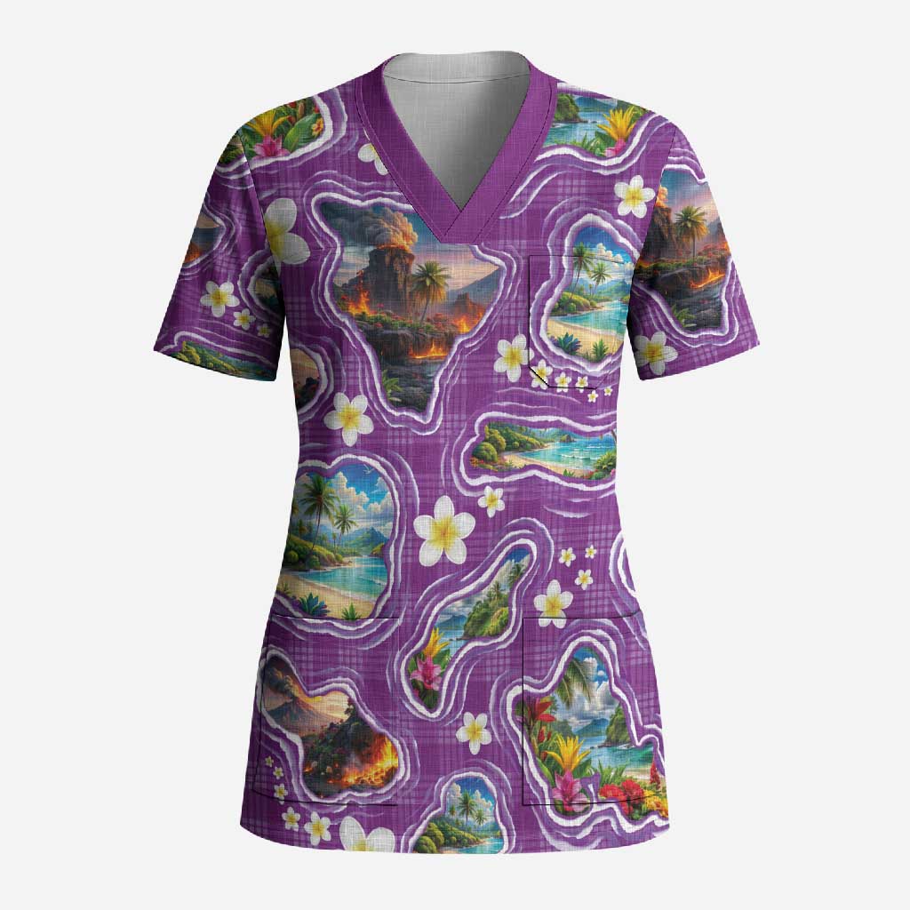 Hawaiian Island Shapes-Iconic Landscape Scrub Top with Plumeria and Palaka Purple Color