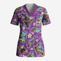 Hawaiian Island Shapes-Iconic Landscape Scrub Top with Plumeria and Palaka Purple Color