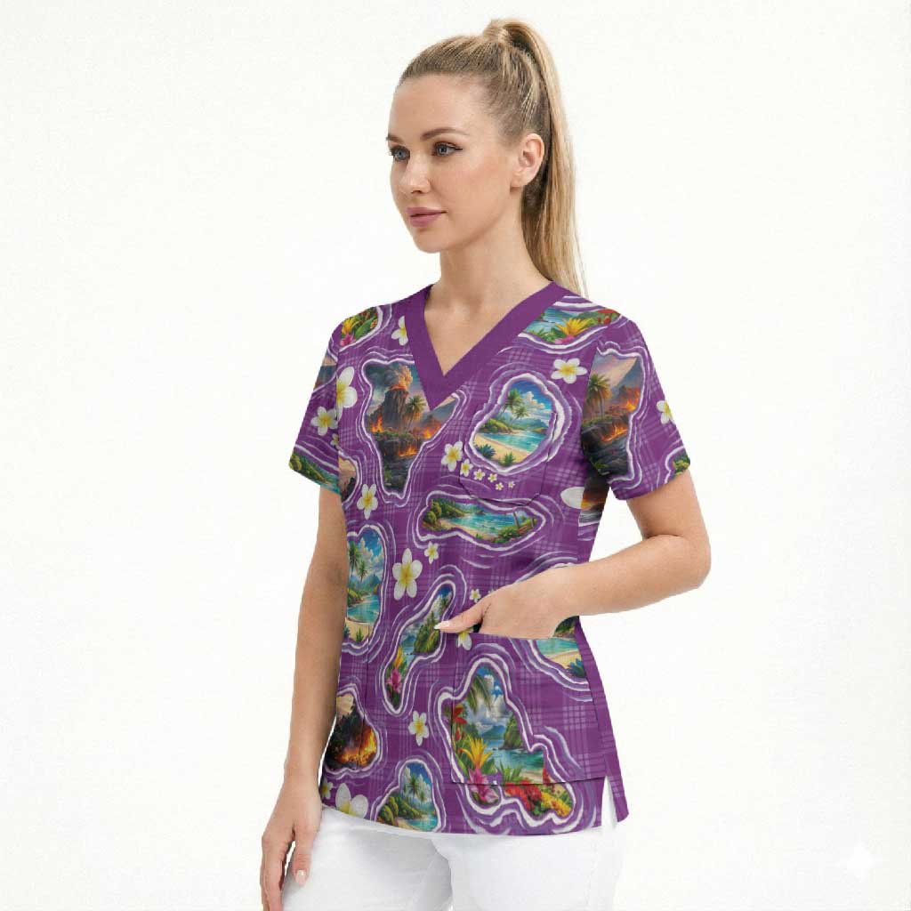 Hawaiian Island Shapes-Iconic Landscape Scrub Top with Plumeria and Palaka Purple Color