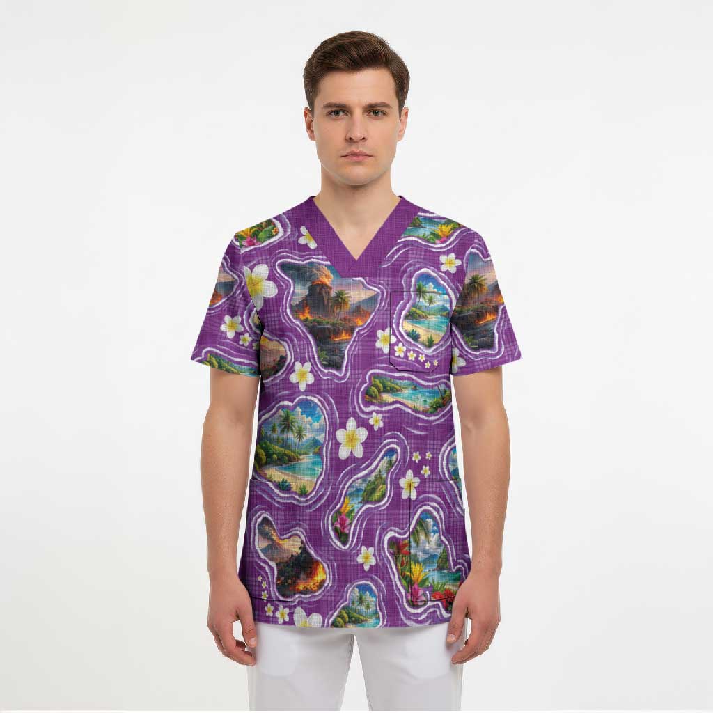 Hawaiian Island Shapes-Iconic Landscape Scrub Top with Plumeria and Palaka Purple Color