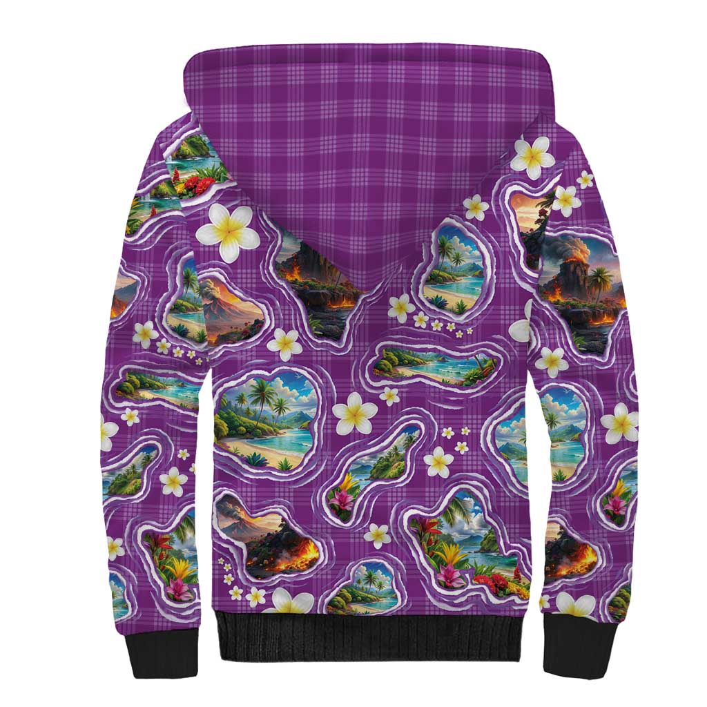 Hawaiian Island Shapes-Iconic Landscape Sherpa Hoodie with Plumeria and Palaka Purple Color LT03 - Polynesian Pride