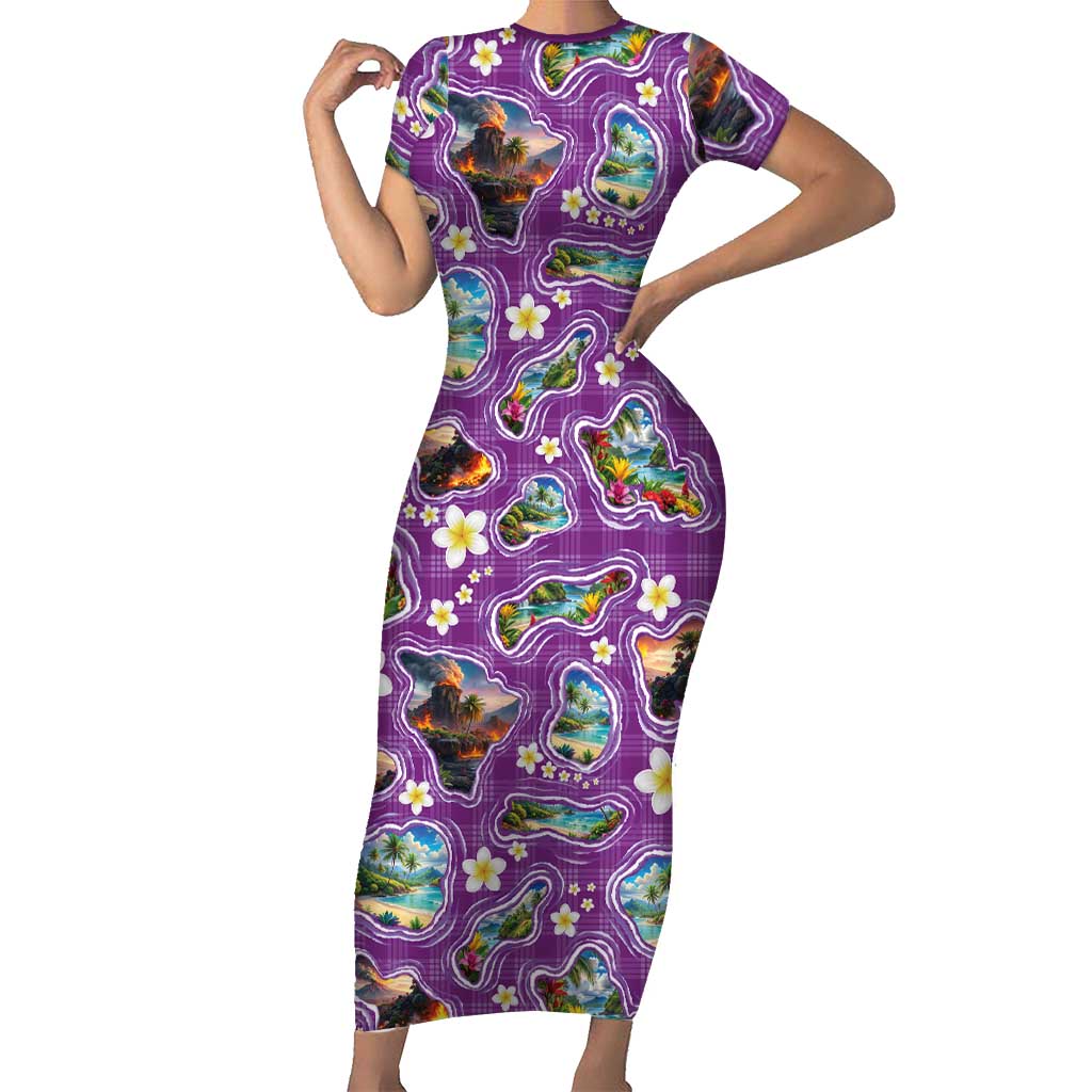 Hawaiian Island Shapes-Iconic Landscape Short Sleeve Bodycon Dress with Plumeria and Palaka Purple Color
