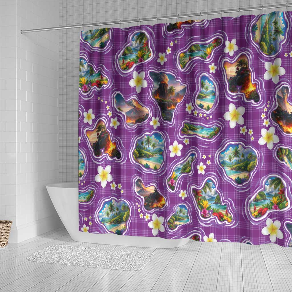 Hawaiian Island Shapes-Iconic Landscape Shower Curtain with Plumeria and Palaka Purple Color