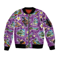 Hawaiian Island Shapes-Iconic Landscape Sleeve Zip Bomber Jacket with Plumeria and Palaka Purple Color