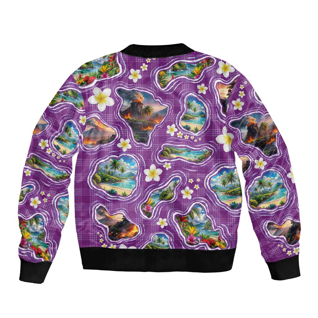 Hawaiian Island Shapes-Iconic Landscape Sleeve Zip Bomber Jacket with Plumeria and Palaka Purple Color