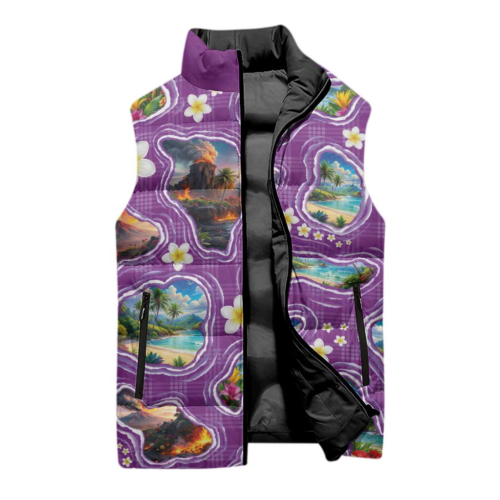 Hawaiian Island Shapes-Iconic Landscape Sleeveless Puffer Jacket with Plumeria and Palaka Purple Color