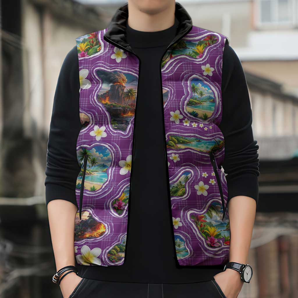 Hawaiian Island Shapes-Iconic Landscape Sleeveless Puffer Jacket with Plumeria and Palaka Purple Color