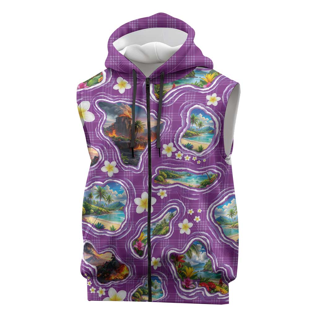 Hawaiian Island Shapes-Iconic Landscape Sleeveless Zip Hoodie with Plumeria and Palaka Purple Color LT03 Purple - Polynesian Pride