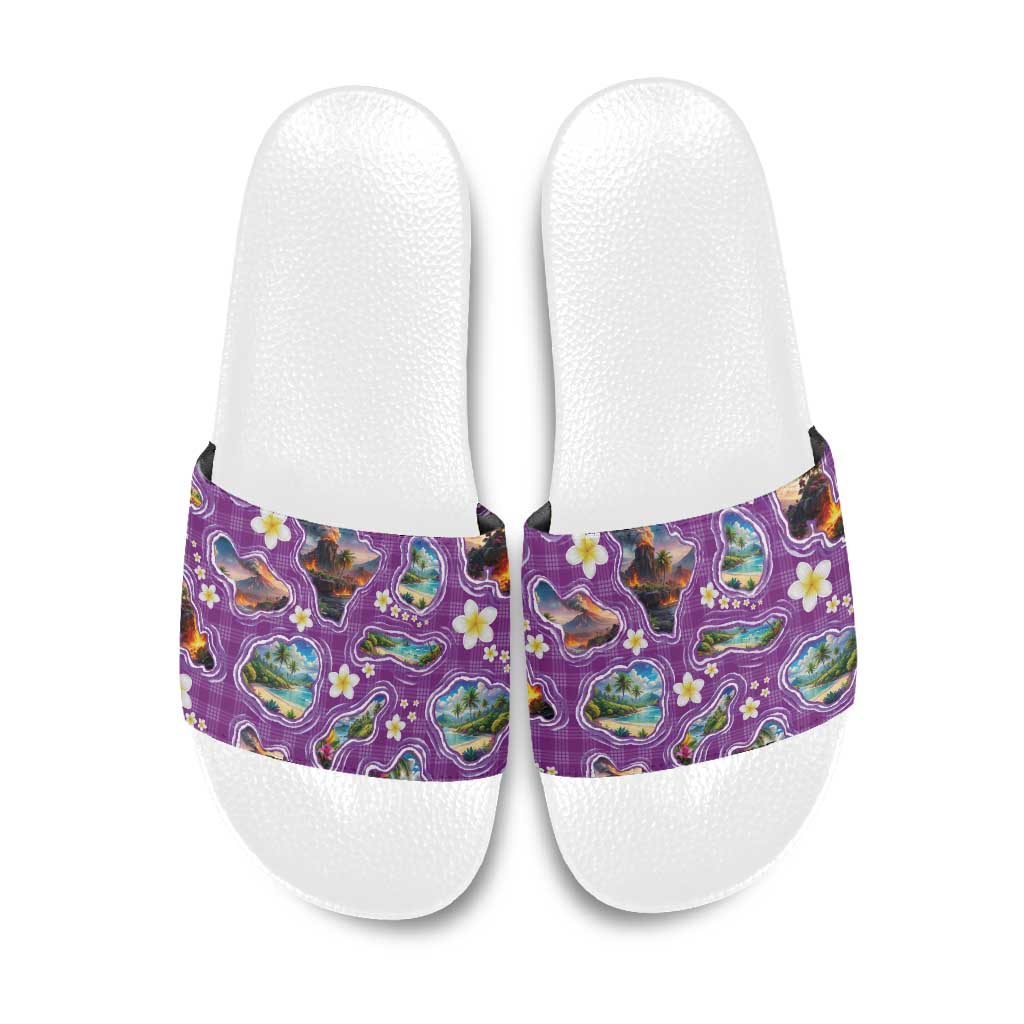 Hawaiian Island Shapes-Iconic Landscape Slide Sandals with Plumeria and Palaka Purple Color