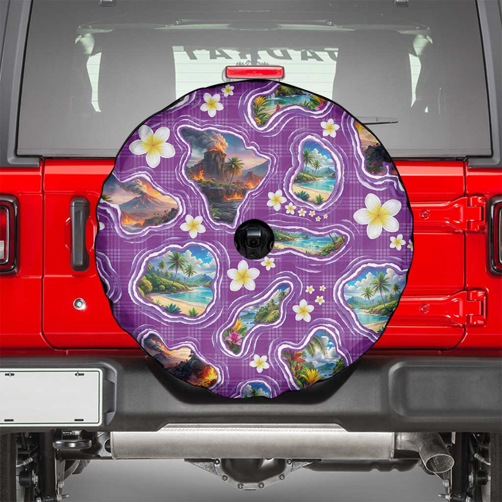 Hawaiian Island Shapes-Iconic Landscape Spare Tire Cover with Plumeria and Palaka Purple Color LT03 - Polynesian Pride